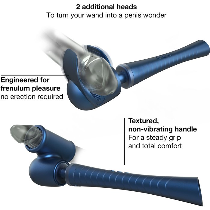 Синий вибромассажёр с насадками Man.wand Edgy. Фотография 3.