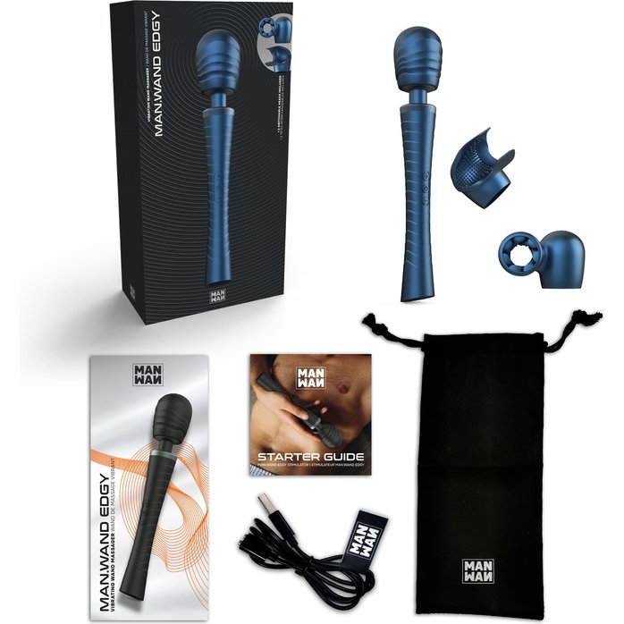 Синий вибромассажёр с насадками Man.wand Edgy. Фотография 5.