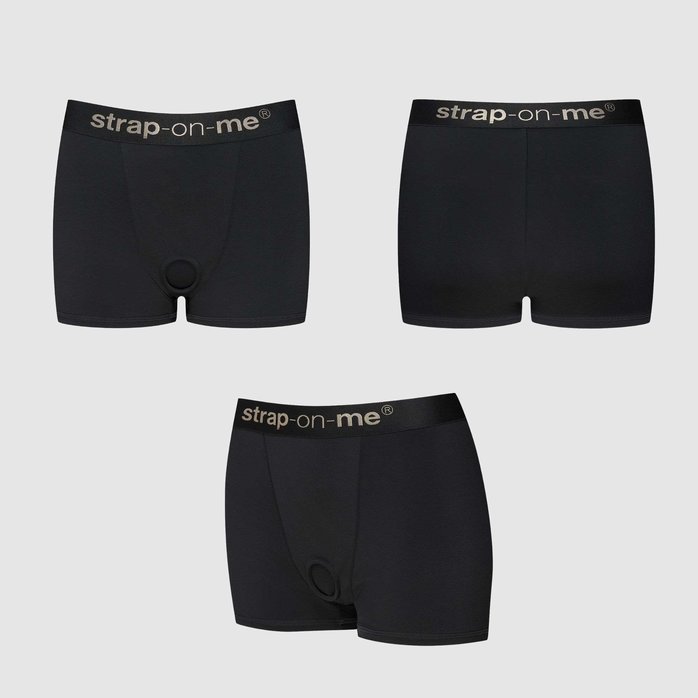 Черные трусики-боксеры для фиксации насадок Strap-on-me Harness Lingerie Allure - size L. Фотография 10.