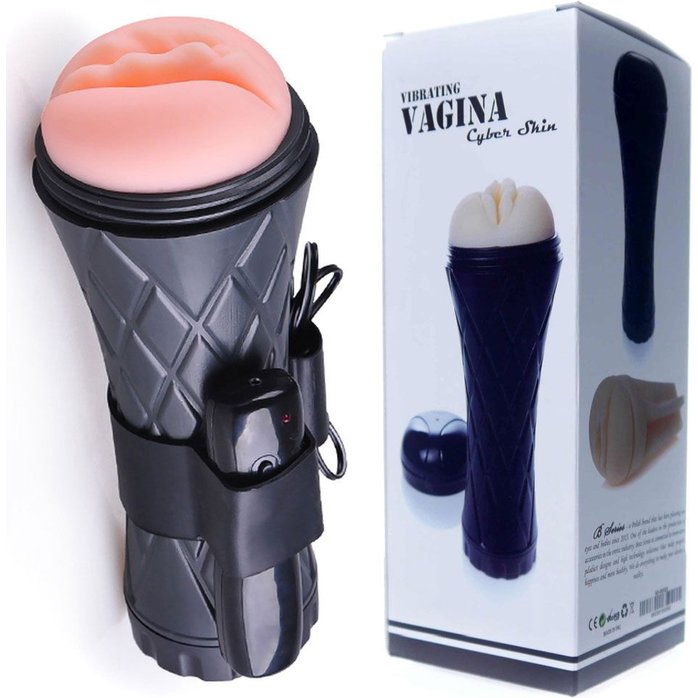 Телесный мастурбатор-вагина в черной колбе с вибрацией. Фотография 2.
