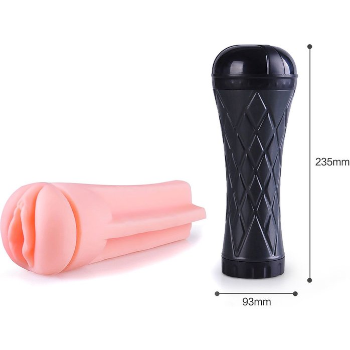 Телесный мастурбатор-вагина в черной колбе с вибрацией. Фотография 3.