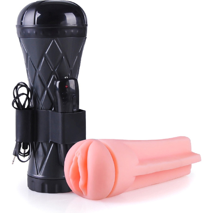 Телесный мастурбатор-вагина в черной колбе с вибрацией. Фотография 4.