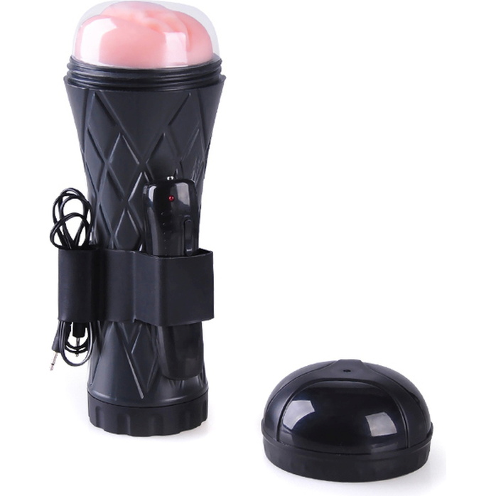 Телесный мастурбатор-вагина в черной колбе с вибрацией. Фотография 5.