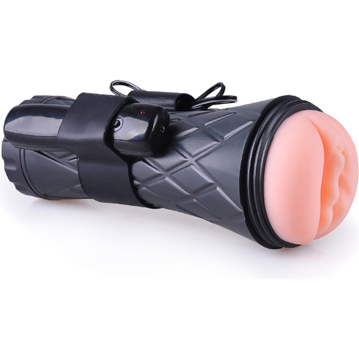 Телесный мастурбатор-вагина в черной колбе с вибрацией. Фотография 6.