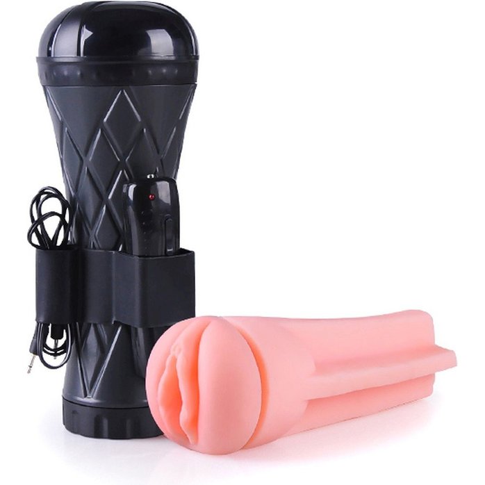 Телесный мастурбатор-вагина в черной колбе с вибрацией