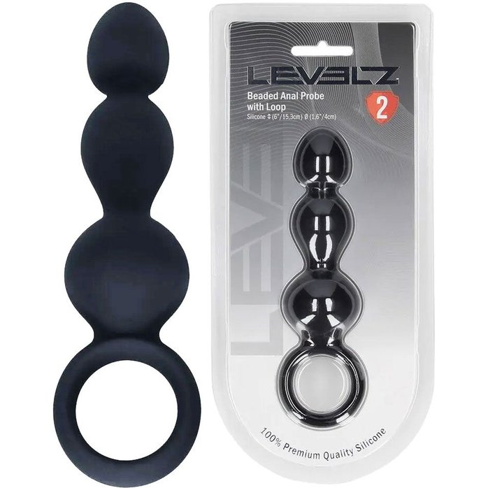 Черная анальная елочка Beaded Silicone Anal Probe with Loop - Levelz. Фотография 2.