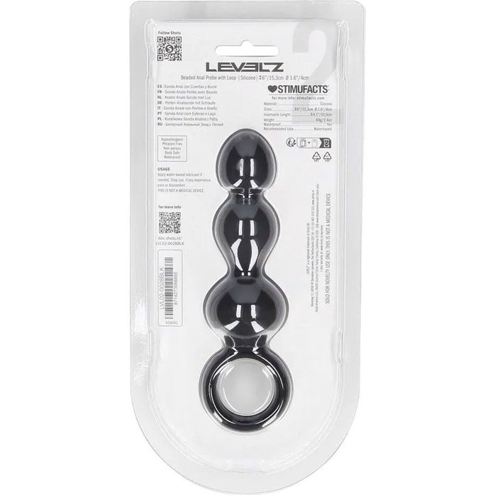 Черная анальная елочка Beaded Silicone Anal Probe with Loop - Levelz. Фотография 3.