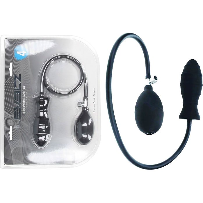 Черная анальная втулка с функцией расширения Ribbed Inflatable Silicone Anal Plug - Levelz. Фотография 3.