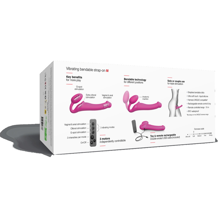 Ярко-розовый безремневой страпон Strap-on-me Vibrating Bendable Strap-On size M. Фотография 5.