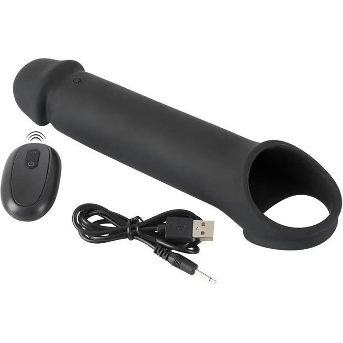 Черная вибронасадка для пениса с хомутом для мошонки и пультом ДУ Remote Controlled Penis Extension - Rebel. Фотография 9.