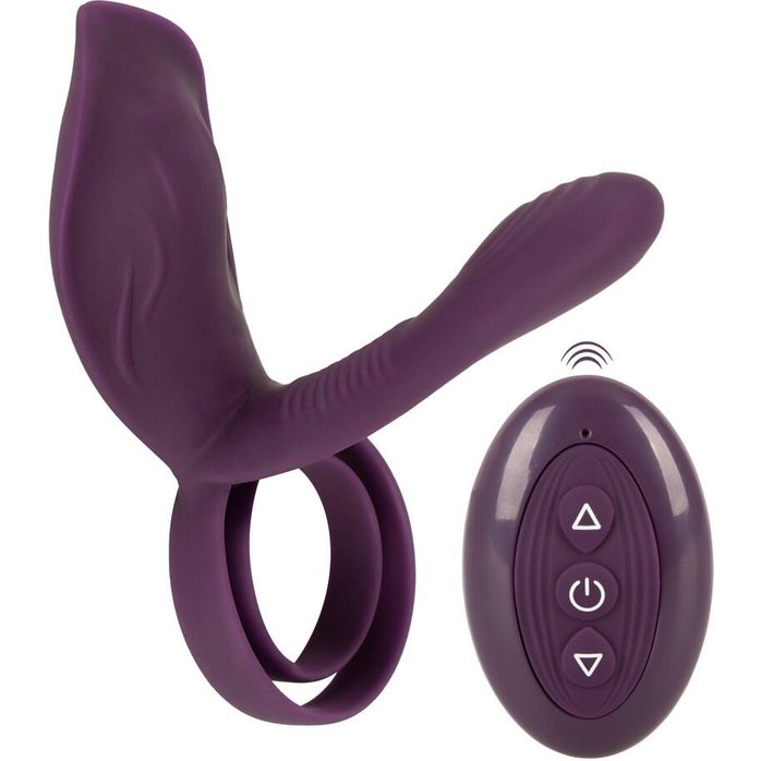Фиолетовая насадка на член с клиторальным отростком и пультом ДУ RC Couple’s Vibrator 2 - Couples Choice