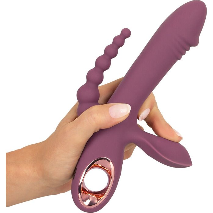 Сливовый вибратор с клиторальным отростком и анальным хвостом Slim Triple Plum - 21,4 см - You2Toys. Фотография 6.