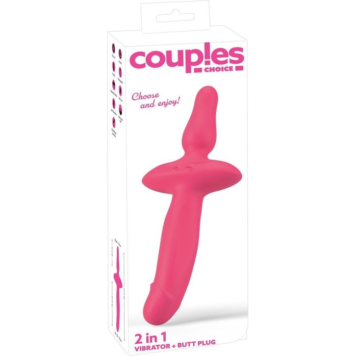 Розовый двусторонний вибратор 2in1 Vibrator Butt Plug - Couples Choice. Фотография 2.