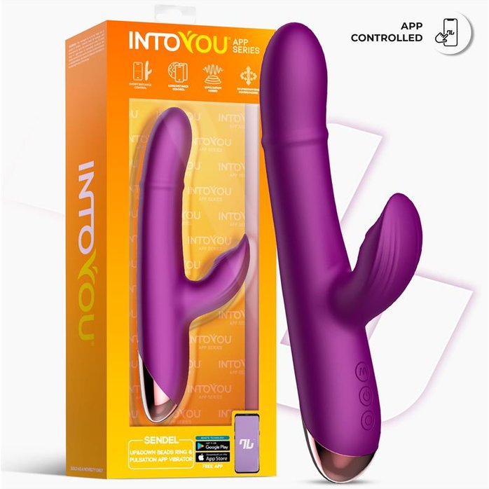Фиолетовый интерактивный вибратор-кролик с кольцом из бусин и пульсацией Sendel