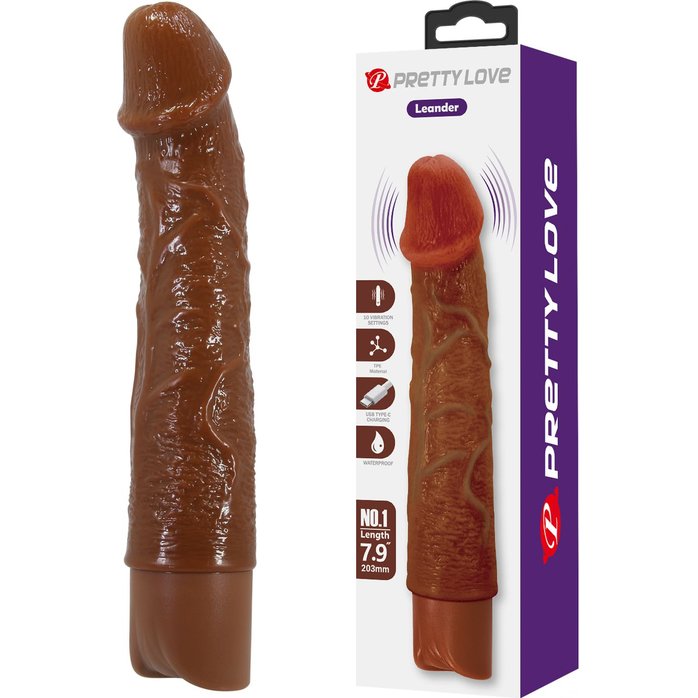 Коричневый реалистичный вибратор Leander - 20,3 см - Pretty Love. Фотография 2.