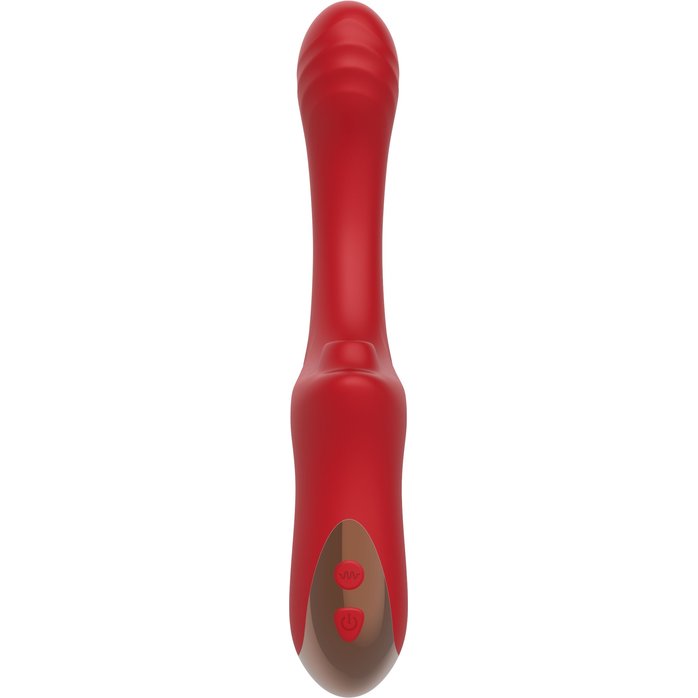 Красный вагинально-клиторальный вибратор. Фотография 2.