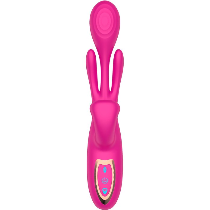 Розовый вибратор со стимуляцией клитора и фингерингом - 23,5 см. Фотография 5.