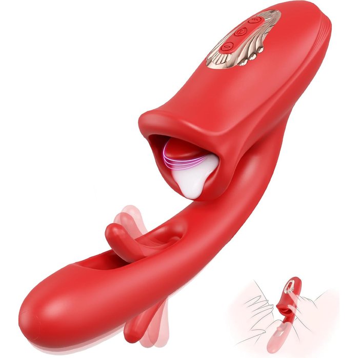Красный вибратор с функциями фингеринга и лизания - 25,1 см