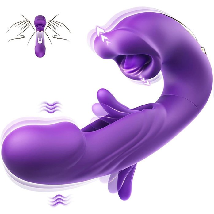 Фиолетовый вибратор с функциями фингеринга и лизания - 17,5 см