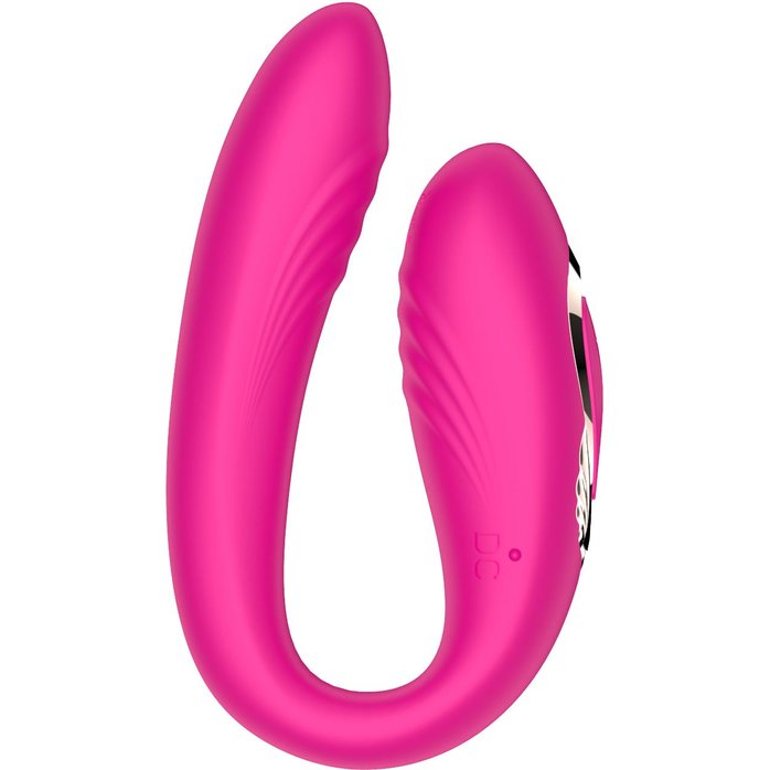 Розовый U-образный вибратор с вращающейся вагинальной частью. Фотография 2.