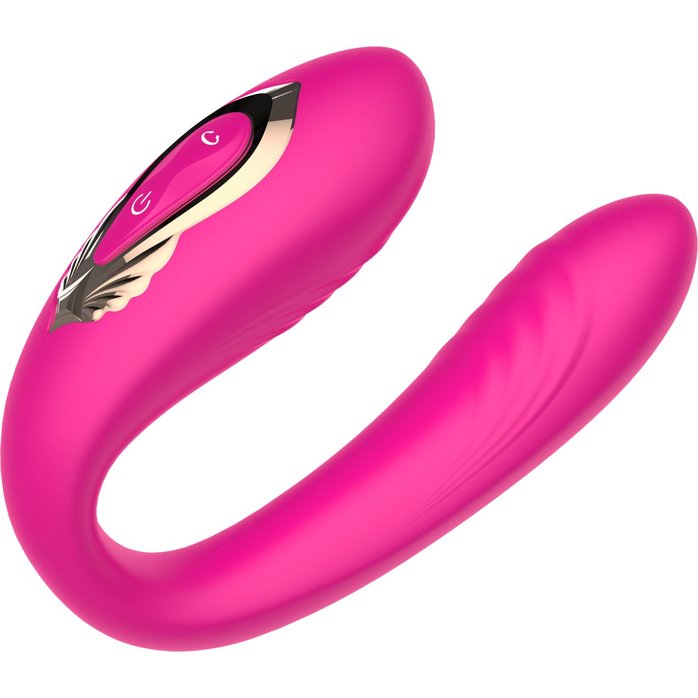 Розовый U-образный вибратор с вращающейся вагинальной частью. Фотография 4.