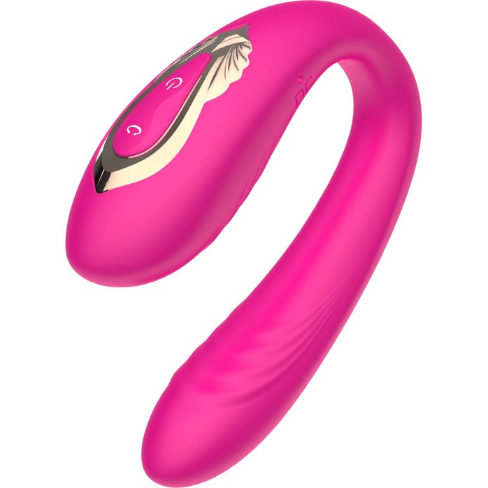 Розовый U-образный вибратор с вращающейся вагинальной частью. Фотография 5.
