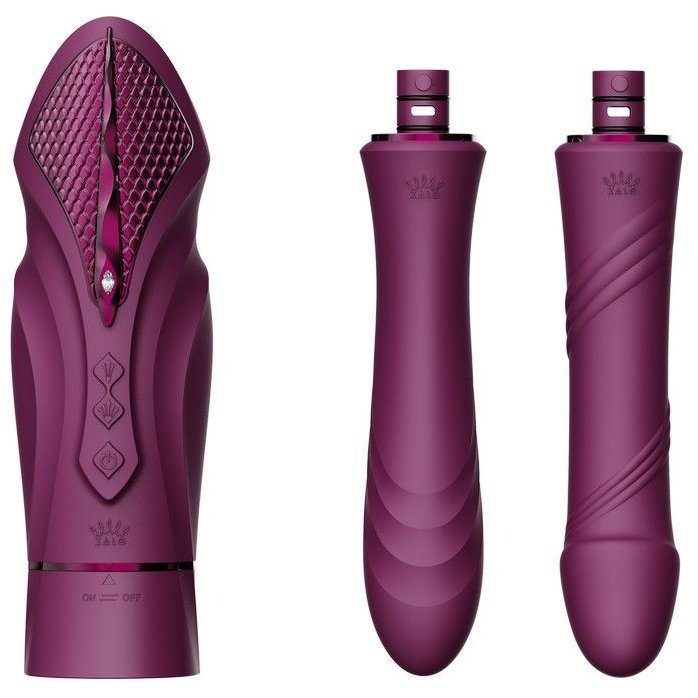 Фиолетовая секс-машина с функцией нагрева, насадками и присоской Sesh. Фотография 4.