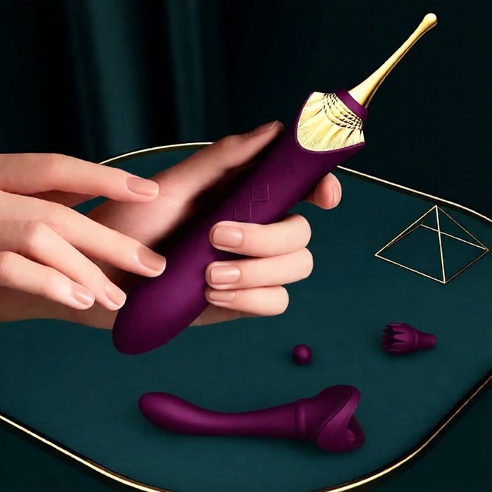 Фиолетовый клиторальный вибростимулятор с насадками Bess. Фотография 3.