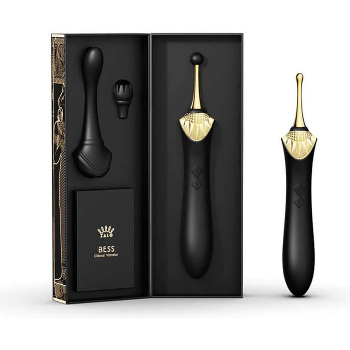 Черный клиторальный вибростимулятор с насадками Bess. Фотография 9.
