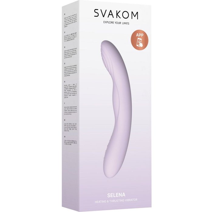 Сиреневый интерактивный вибромассажёр Selena с поступательными движениями и нагревом - 21 см. Фотография 6.