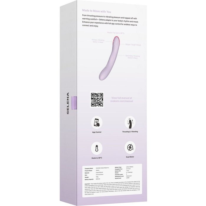Сиреневый интерактивный вибромассажёр Selena с поступательными движениями и нагревом - 21 см. Фотография 7.