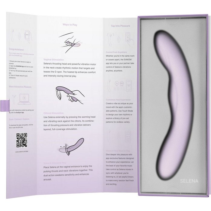 Сиреневый интерактивный вибромассажёр Selena с поступательными движениями и нагревом - 21 см. Фотография 8.