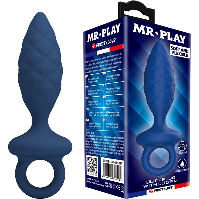 Синяя анальная пробка с кольцом Butt Plug with Loop M - 13,4 см - Mr.Play. Фотография 2.
