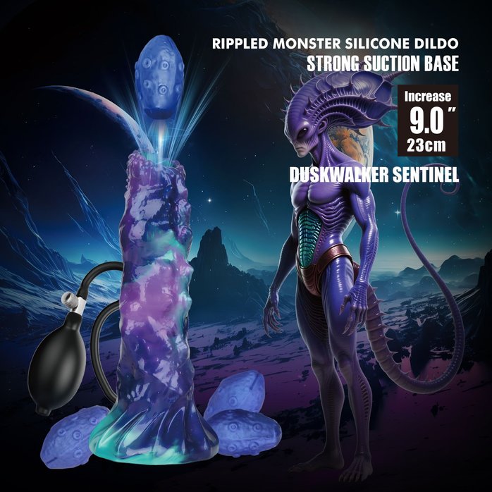 Фиолетовый яйцеродящий фаллоимитатор Duskwalker Sentinal на присоске - 22,4 см. Фотография 9.
