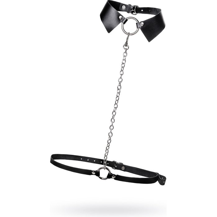 Черная портупея-чокер с поводком и карабином в виде кольца. Фотография 2.