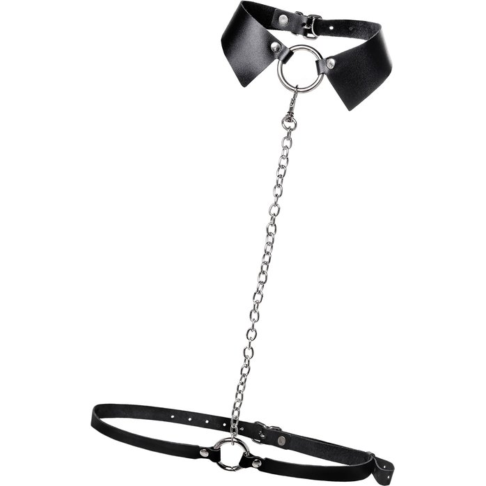 Черная портупея-чокер с поводком и карабином в виде кольца. Фотография 6.
