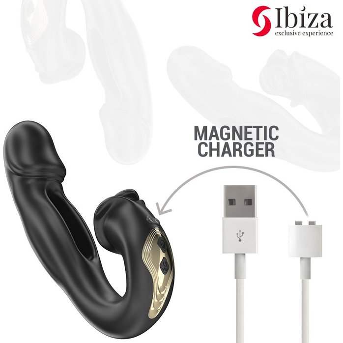 Черный вагинально-клиторальный вибратор с функцией маятника - 18 см. Фотография 6.