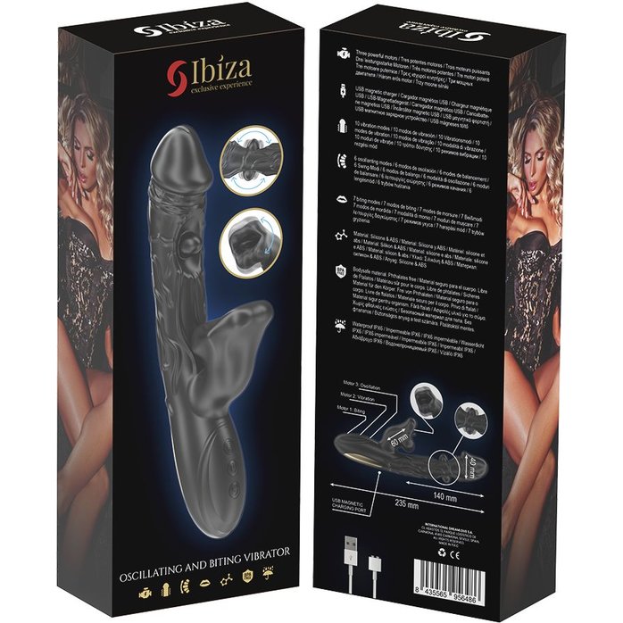 Черный вибратор с режимами колебаний и посасывания - 23,5 см. Фотография 6.