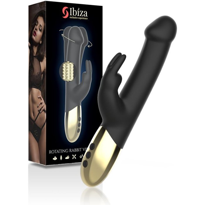 Черный вибратор-кролик с вращением бусин - 22 см. Фотография 2.