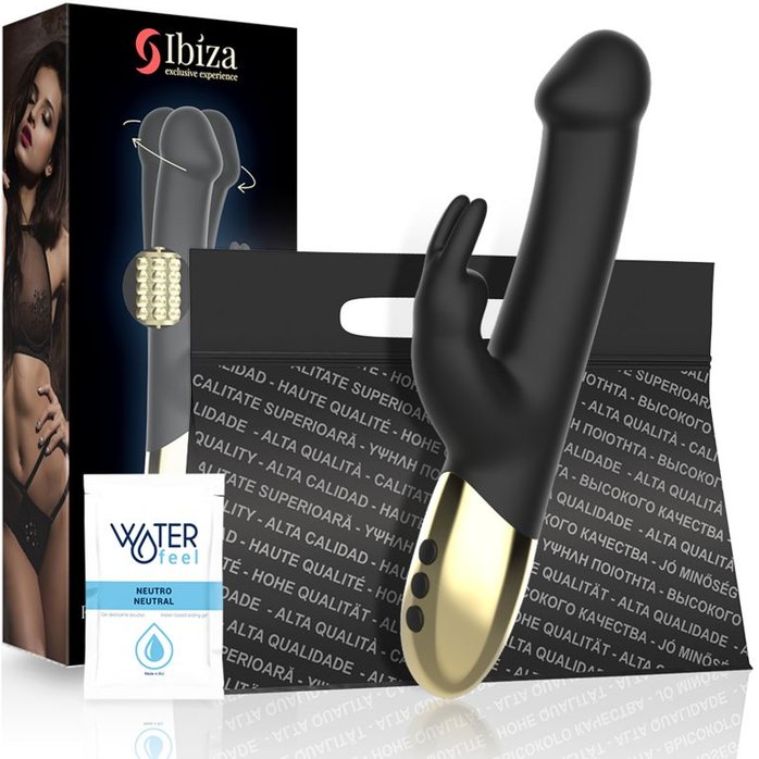 Черный вибратор-кролик с вращением бусин - 22 см. Фотография 9.