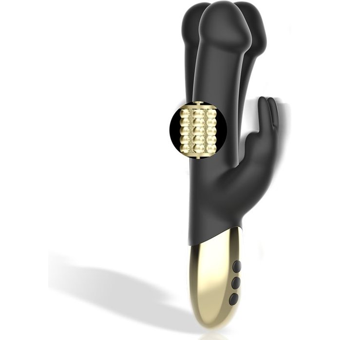 Черный вибратор-кролик с вращением бусин - 22 см