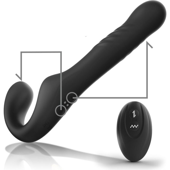 Черный безремневой страпон с вибрацией и возвратно-поступательными движениями - 24 см. Фотография 2.