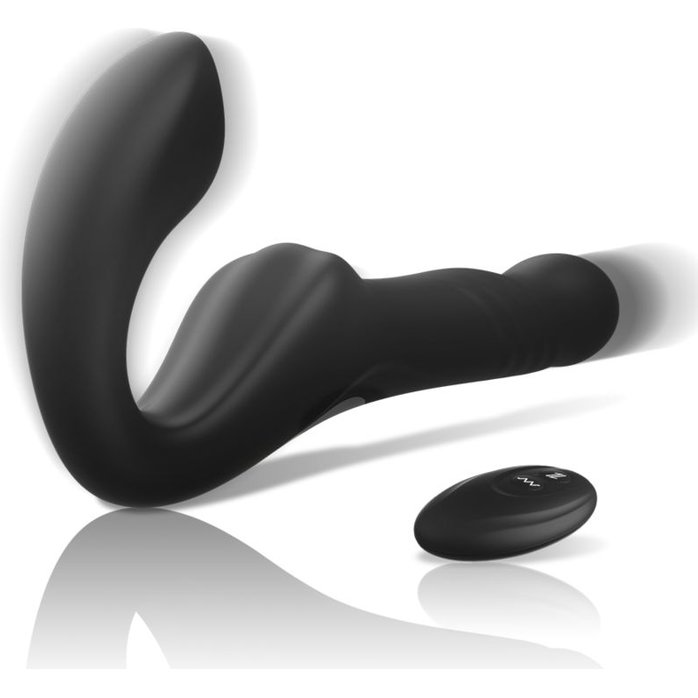 Черный безремневой страпон с вибрацией и возвратно-поступательными движениями - 24 см. Фотография 3.