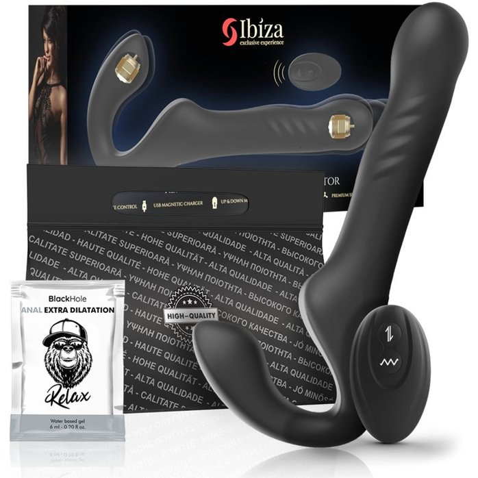 Черный безремневой страпон с вибрацией и возвратно-поступательными движениями - 24 см. Фотография 4.