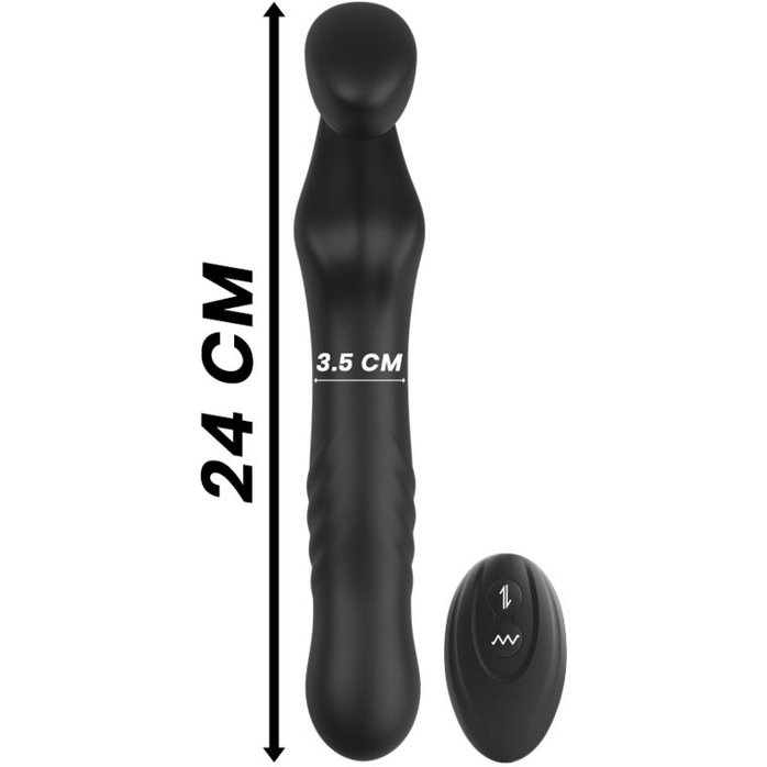 Черный безремневой страпон с вибрацией и возвратно-поступательными движениями - 24 см. Фотография 6.