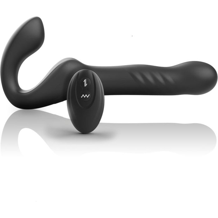 Черный безремневой страпон с вибрацией и возвратно-поступательными движениями - 24 см