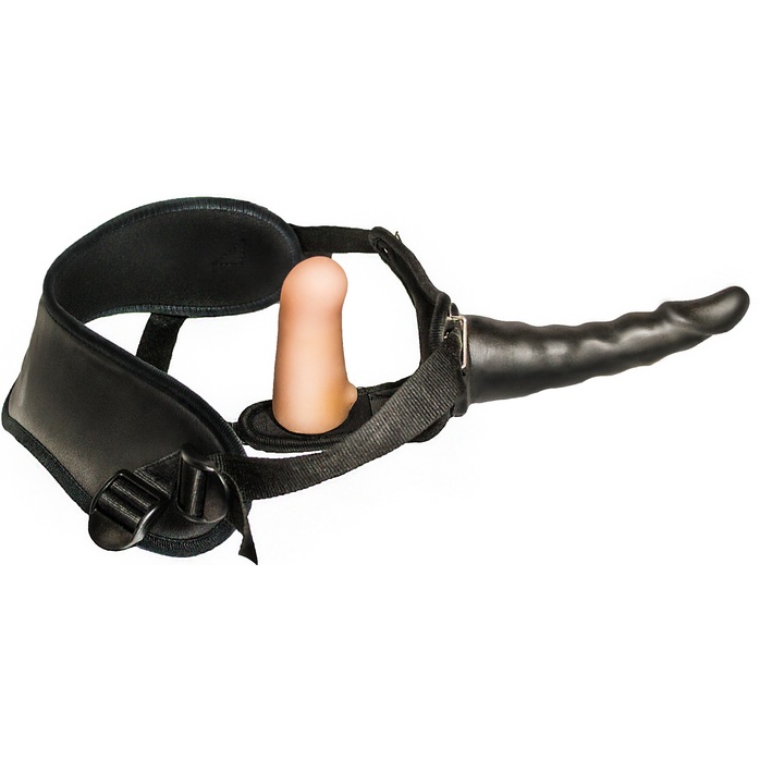 Женский страпон с чёрной насадкой и вагинальной пробкой - 18,5 и 10,5 см - Для двоих + HARNESS WOMAN STRAP. Фотография 2.