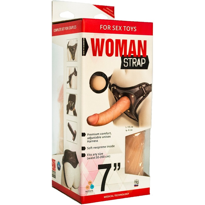Женский страпон с вагинальной пробкой из неоскина - 18 см - Для двоих + HARNESS WOMAN STRAP. Фотография 4.