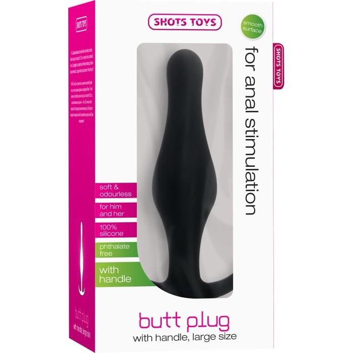 Чёрная анальная пробка Butt Plug with Handle Large - 14,5 см - Shots Toys. Фотография 2.