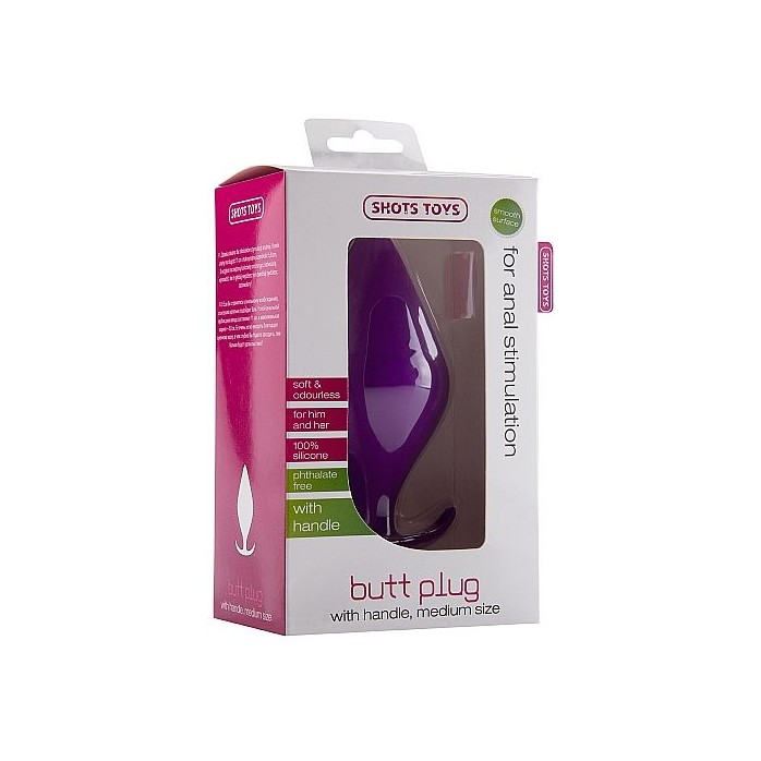 Фиолетовая анальная пробка Butt Plug with Handle Medium - 12 см - Shots Toys. Фотография 3.